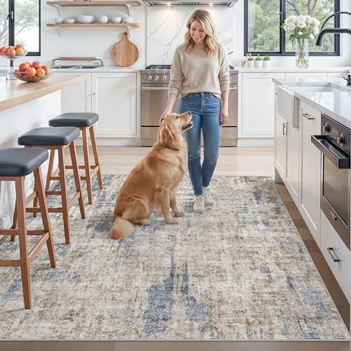 ZHXXUJ 7x7 Square Washable Area Rug, Non-Slip Indoor Rug for Living Room Bedroom Dining Room, Low Pile Stain Resistant Modern Abstract Neutral (Blue Brown) - Image 3