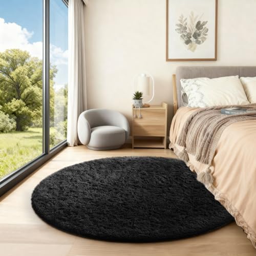 Ophanie Round Rug 4Ft Black Circle Area Rug, Room Decor for Men, Fluffy Fuzzy Bedroom Carpet, Plush Soft Shaggy Living Room Rugs for Kids Home Aesthetic, Nursery with 99 pcs Pile fibers - Image 5