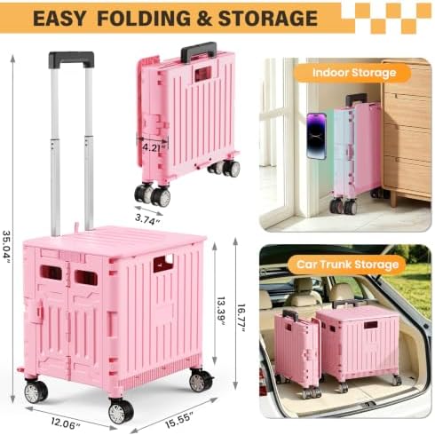 SUNALLY Folding Utility Cart Rolling Crate Handcart Shopping Trolley, Pink - Image 2