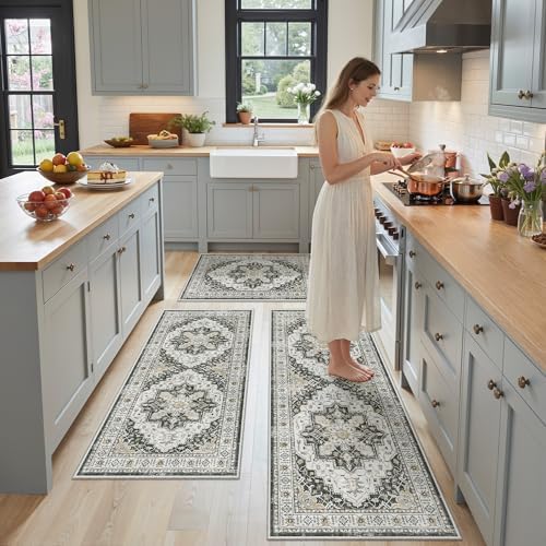 Madane Washable Kitchen Rug Set of 3 Small Area Rugs Non-Slip, Black - Image 3