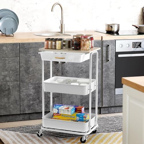 Simple Houseware 3-Tier Rolling Utility Cart with Drawer & Wood Top, Maple - Image 4
