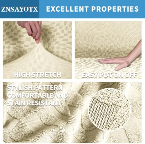 ZNSAYOTX 1 Piece Stretch Sofa Covers for 3 Cushion Couch (72"-90"), New Plaid Couch Cover with Non-Slip Buckle for Dog Pets, Ultimate Soft Cozy Washable Sofa Slipcover Form Fit Protector, Beige - Image 3