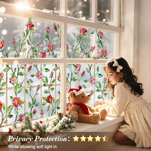 Stained Glass Window Film, 3D Rose Floral Privacy Static Cling,35.4"x78.7" - Image 4