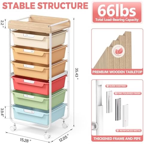 SYKIARIOL Rolling Cart with 6 Drawers,Craft Organizer and Storage,Rainbow - Image 5