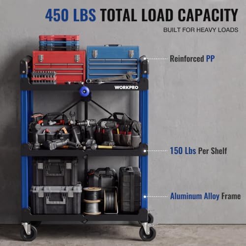 WORKPRO Heavy Duty 3-Tier Utility Cart, 450 LBS Folding Cart with Wheels - Image 3