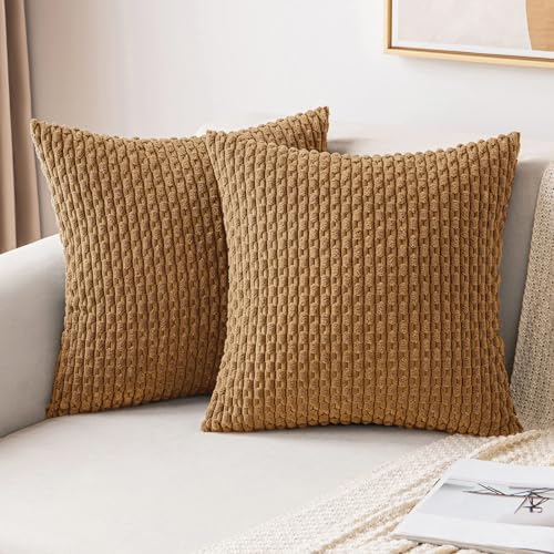 MIULEE Decorative Throw Pillow Covers 18x18 Light Coffee Textured Corduroy by MIULEE