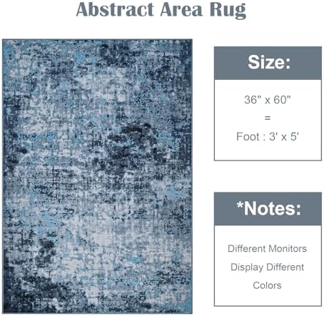 Modern Abstract 3x5 Rug, Non Slip Entryway Rug, Soft Machine Washable Rugs for Indoor Entry, Low Pile Stain Resistant Distressed Rug for Living Room, Bedroom, Blue - Image 2