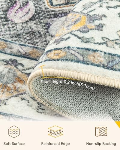 RELEANY Washable Area Rug, Round 4ft, Beige/Carbon Grey/Orange - Image 3