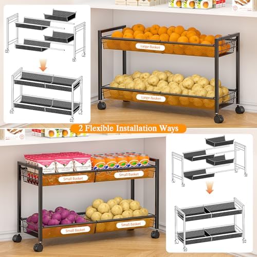 3IngSeagulls 2-Tier Expandable Rolling Pantry Floor Organizer, Stackable Pantry Storage Cart with Wheels, Kitchen Fruit and Vegetable Storage Rack for Onion, Potato, Food, Snacks - Image 3