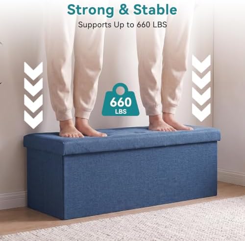 OLIXIS 43 Inch Folding Storage Ottoman Bench, Blue Ottoman with Storage - Image 4