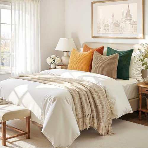 Topfinel Boho Farmhouse Green Rust Striped Pillow Covers 24x24 Set of 4 Mordern Nordic Soft Corduroy Cushion Covers Fall Home Decor for Couch Bed Sofa Living Room Forest Green - Image 4