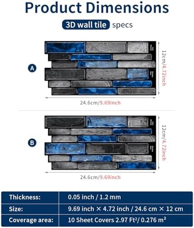 3D Textured Peel and Stick Backsplash,20-Pcs PVC Tiles,Black&Blue | Waterproof & Durable,Wall Decor for Kitchen, Bathroom,RVs - Image 3