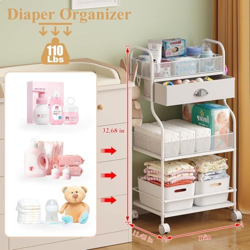 Baby Diaper Caddy Cart Organizer -3 Tier, Bedside Nursery Essentials Organizer & Storage Holder for Newborn Baby Stuff, 2+1 Dividers, 1 Drawer,Rolling Utility Cart for Bedroom,Changing Table, Crib. - Image 2