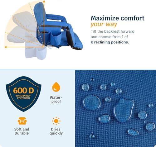 Alpcour Heated Reclining Stadium Seat for Bleachers – Wide Bleacher Chair with Back Support and Cushion, Armrests, Side Pockets, & Hook – Stadium Seats Chairs for Camping, Kayak, Paddle Board & More - Image 7
