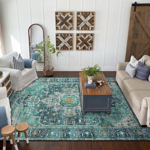 Moynesa Ultra-Thin Washable Vintage Area Rug - 6x9 Teal Large Dining Room Rug for Bedroom, Non-Shed Living Room Mat, Indoor Oriental Medallion Hardwood Floor Carpet for Office Home Decor - Image 6