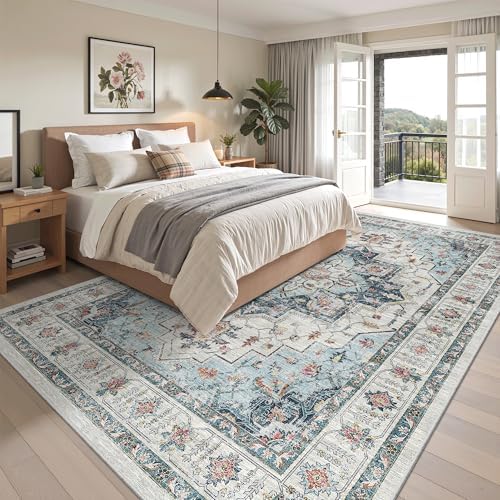 Madane 8x10 Area Rugs for Living Room, Non-Slip Vintage Washable Rug, Blue - Image 5