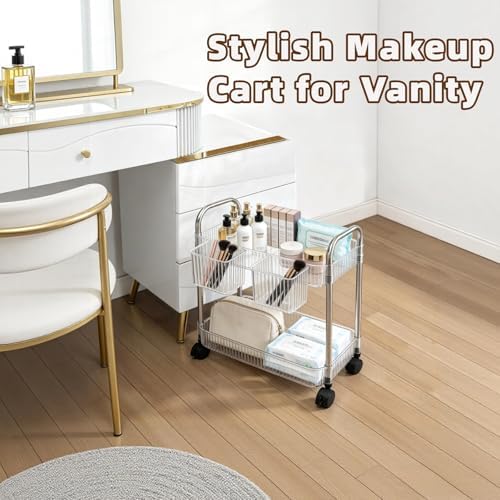 2 Tier Utility Rolling Cart with Wheels Sofa Side Table Small Under Desk Storage Organizer, Clear Acrylic Plastic Mobile Trolley Organization Storage Cart for Kitchen Pantry Bathroom Vanity - Image 2