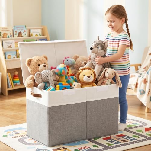 Bagnizer Large Toy Storage Box with Lids, Collapsible Sturdy Baby Storage Organizer Chest Bin Basket for Kids, Boys, Girls, Playroom, Nursery, Bedroom, Closet 25"x13"x16" (Gray and White) - Image 3
