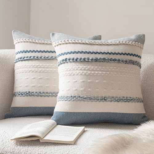 Cethom Boho Throw Pillow Covers 18x18 Inch Set of 2, Blue Textured Decorative Couch Pillow Cases for Farmhouse Home Decor, Accent Cushion Cover for Sofa, Bed, Living Room, Bedroom by Cethom