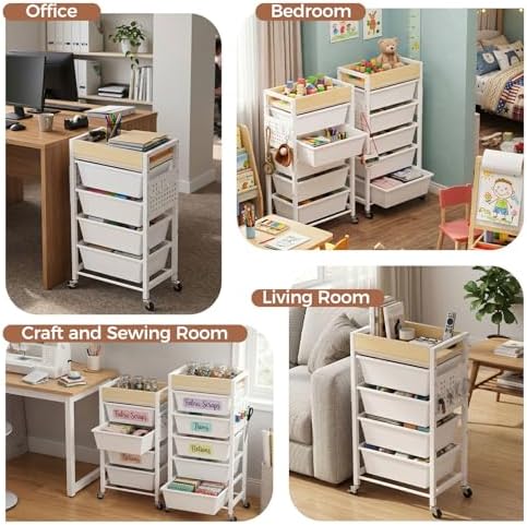 6 Tier Rolling Cart with Drawers, Plastic Drawer Storage Craft Cart with Pegboards & Hooks, Metal Utility Cart with Wheels & Wooden Tabletop, Classroom Office Art Supply Organizers and Storage, White - Image 6