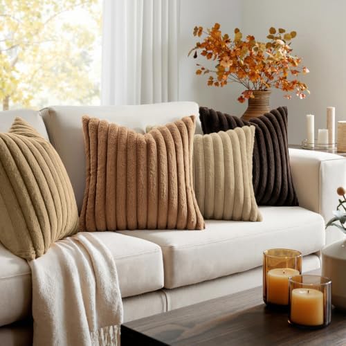 MIULEE Fall Faux Fur Plush Decorative Throw Pillow Covers 20x20, Dark Brown - Image 3