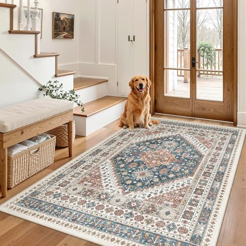 Madane Area Rug 3x5, Washable Vintage Entry Rugs for Bedroom, Navy Blue by Madane