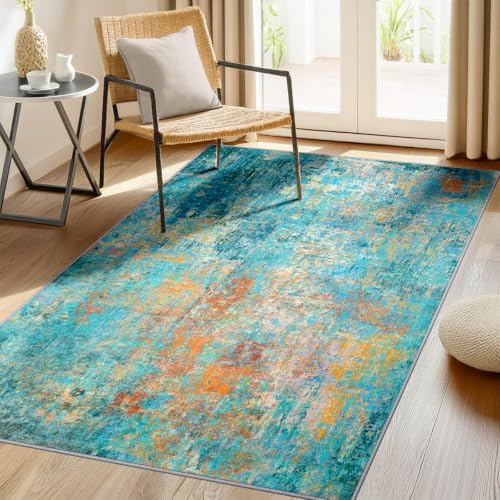 RELEANY Washable 3'x5' Abstract Area Rug for Living Room Teal Multi by RELEANY