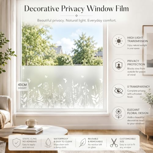 Static Cling Privacy Window Film, 78" x 17" Frosted Glass Covering with Wildflower & Botanical Patterns, Removable No Glue Window Film for Home Bathroom Bedroom Office (Butterfly & Fern Botanical) - Image 6