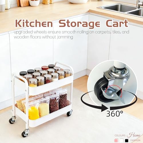 2 Tier Short Rolling Cart with Wheels for Under Desk Storage & Pantry Storage, Large Capacity Metal Kitchen Utility Cart for Small Space, Laundry Room Organizer Side Table with 4 Hooks, White - Image 5