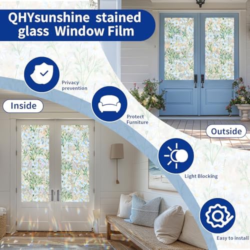 QHY Sunshine Privacy Window Film with Installation Tool Decorative Stained Glass Window Stickers Reusable Window Film (Leafy Daisy, 17.5 x 78.7) - Image 5