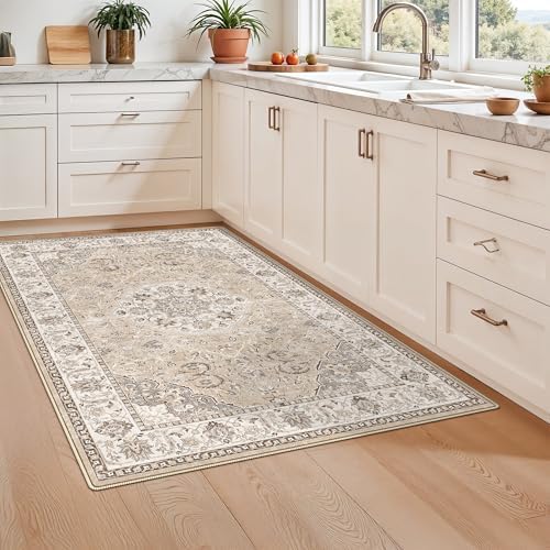 3x5 Living Room Area Rugs: Vintage Washable Non-Slip Rug for Bedroom Dining Room Soft Carpet for Nursery Kitchen Home Office Durable & Easy-Clean Design Perfect for Homes with Cats & Dogs(3x5 Beige) - Image 4