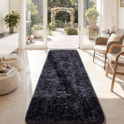 Ophanie 2x8 Runner Rug for Hallway,Upgrade Non-Slip Fluffy Soft Bedside Rugs,Bedroom Living Room Black Shaggy Carpet for Kids Girls Boys Dorm Nursery Home Decor Aesthetic with Over 99 pcs Pile fibers - Image 2