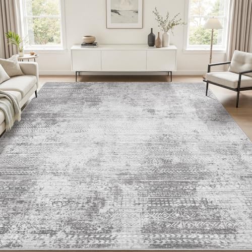 8x10 Area Rugs for Living Room Non Slip Machine Washable Rug Distressed Abstract Soft Indoor Carpet Neutral Boho Rug for Bedroom Dining Room Playroom Office, Grey by Tchdio