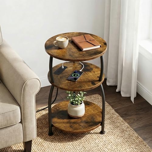 Round Side Table with Power Outlet, USB Type C Port, 3-Tier End Table - Image 4