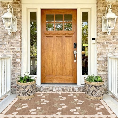 4x6 Covered Outdoor Patio Rug - Washable Front Door Mat Entry Rug Non-Slip Large Doormat Tan Brown Cottage Farmhouse Scalloped Area Rugs for Living Room Entryway Foyer Double Door Porch Decor - Image 4