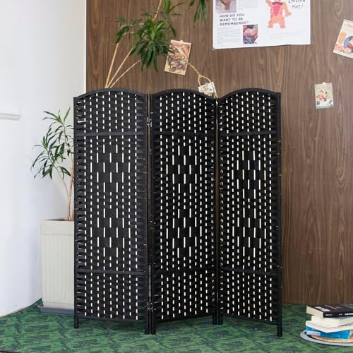 Furnnylane 3 Panel Black Rattan Room Divider for Room Separation, 47.2" Low Height Double Sided Folding Privacy Screen, Freestanding Partition Screen for Home Office - 3.95 ft Tall by Furnnylane