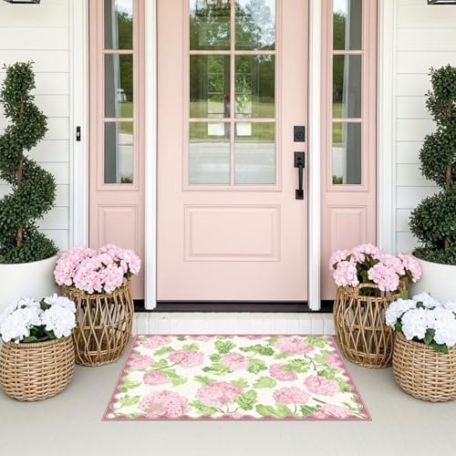 Front Door Mat Outside Entrance, 2x3 Pink White Floral Entryway Rug - Image 4