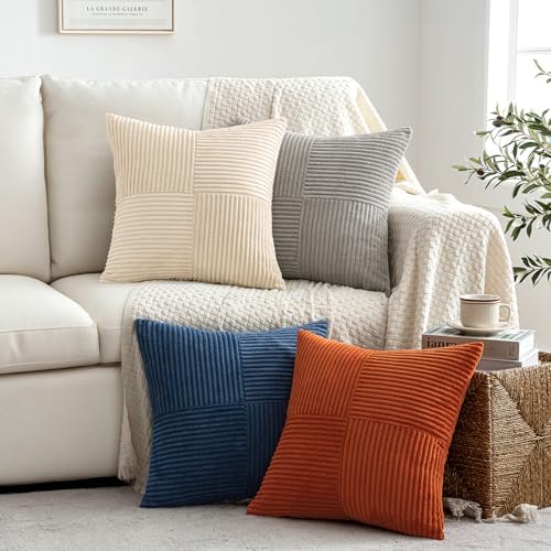 MIULEE Blue Rust Throw Pillow Covers 18x18 Inch Set of 4 Boho Farmhouse Cushion Cases Soft Corduroy Nordic Corduroy Pillow Cases Patchwork Home Decor for Couch Sofa Bedroom - Image 4
