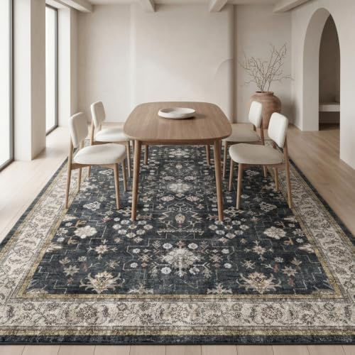 Washable 8x10 Area Rug, Distressed Persian-Style Geometric Floral Rug - Image 3