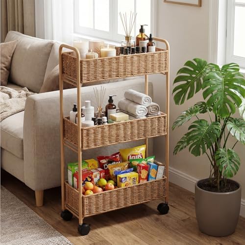 FOCHIER F Utility Slim Storage Cart,3-Tier Rolling Kitchen Office Laundry Room Cart,Mobile Shelving Unit Organizer for Living Room Bathroom Baby Diaper Narrow Places (Natural, 3 Tiers-7.1 inch (W)) by FOCHIERF