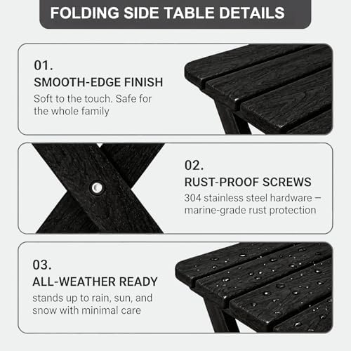 Folding Outdoor Side Table,Small HDPE Patio Table,All-Weather Compact Portable End Table for Patio,Porch,Pool,Black,11.8" D x 15.7" W x 15.7" H - Image 5