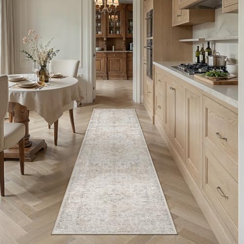 3x8 Washable Runner Rug Beige Grey Non Slip Vintage Carpet - Image 2