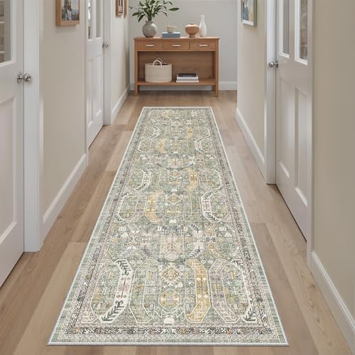 Madane Hallway Runner Rug 2x8 Washable Kitchen Rugs Non-Slip, Green/Gold - Image 2