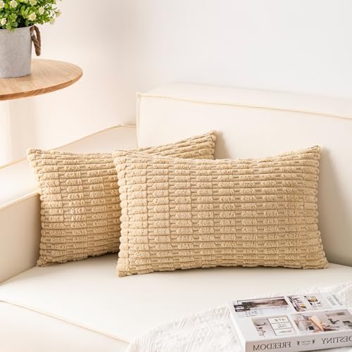 Aegero Pack of 2 Corduroy Decorative Throw Pillow Covers 12x20 Inch, Beige by Unknown