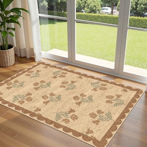 3x5 Floral Entry Rug - Small Washable Indoor Outdoor Mats for Front Door Non-Slip Jute-Look Porch Rug Boho Tan Scalloped Throw Rugs for Living Room Bedroom Entryway Kitchen Office Porch Decor by Othilic