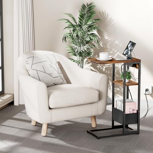 C Shaped End Table with Charging Station,3-Layer Sofa C Table Side Table, Slide Under Sofa Desk Snack Tables with Storage Bag w/AC U-S-B Port & Socket,Small Spaces Drink Tables for Living Room - Image 2
