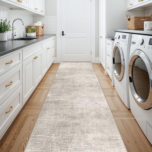 HY HAOYUNLAI 2'6x12 Runner Rugs for Hallways - Soft Kitchen Rug Non-Slip Rug Runner with Rubber Backing Washable Non Shedding Soft Beside Carpet for Bedroom Abstract Home Decor(2'6x12,Beige/Cream - Image 5