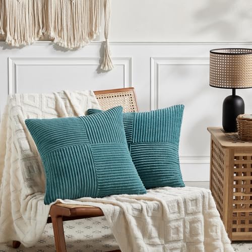 Fancy Homi 2 Packs Teal Decorative Throw Pillow Covers 16x16 Inch for Living Room Couch Bed Sofa, Rustic Farmhouse Boho Home Decor, Soft Corss Patchwork Corduroy Textured Square Cushion Case 40x40 cm - Image 7