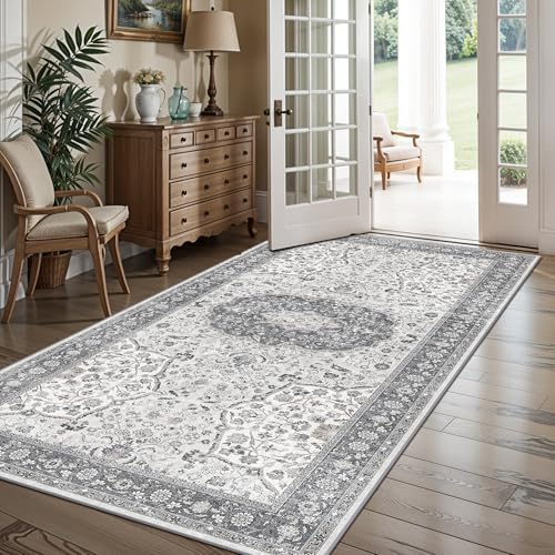 Hallway 4x8 Washable Runner Rug: Oriental Stain Resistant Entryway Kitchen Rug Farmhouse Soft Carpet for Bathroom Bedroom Thin Laundry Room Floor Mat with Non Slip Backing for Pets Family(4x8,Grey) - Image 5