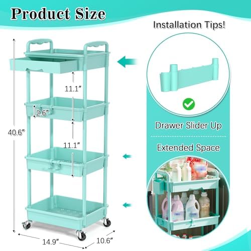 SUNALLY 4 Tier Rolling Cart with Drawer, Craft Storage Cart Organizer, Blue - Image 2